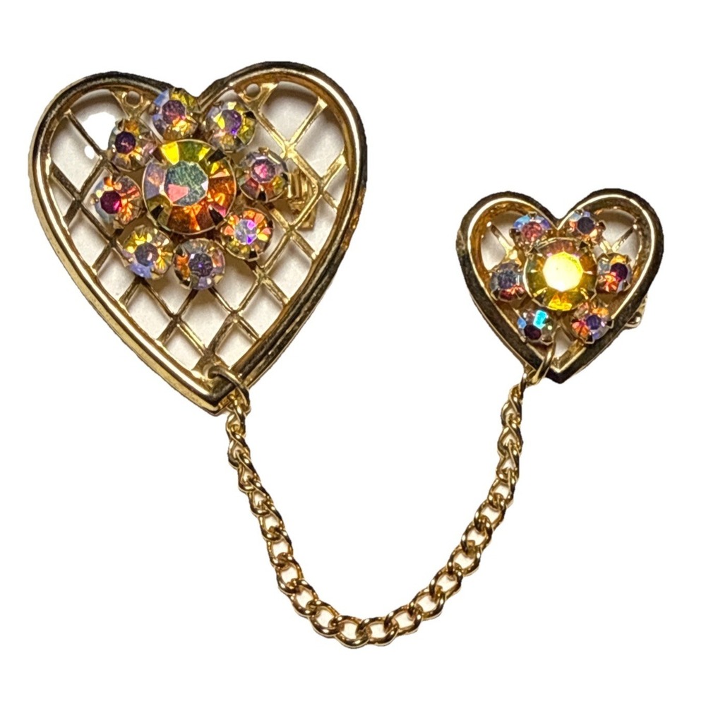 Gold Tone and AB Crystal Double Heart Brooch with Chain‎ Detail Vtg J-7D